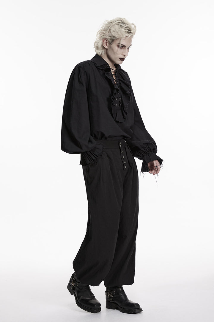 shredded sleeve mens lace-up black pirate billowy loose shirt