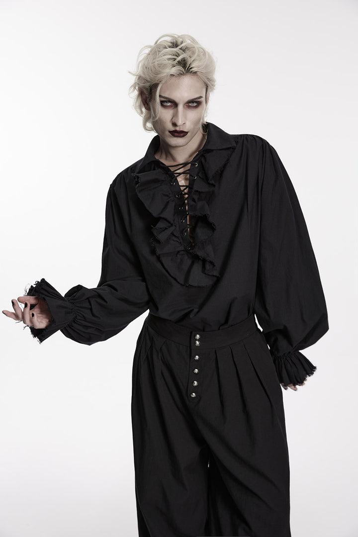 mens lace-up black pirate billowy loose shirt with distressed cuffs