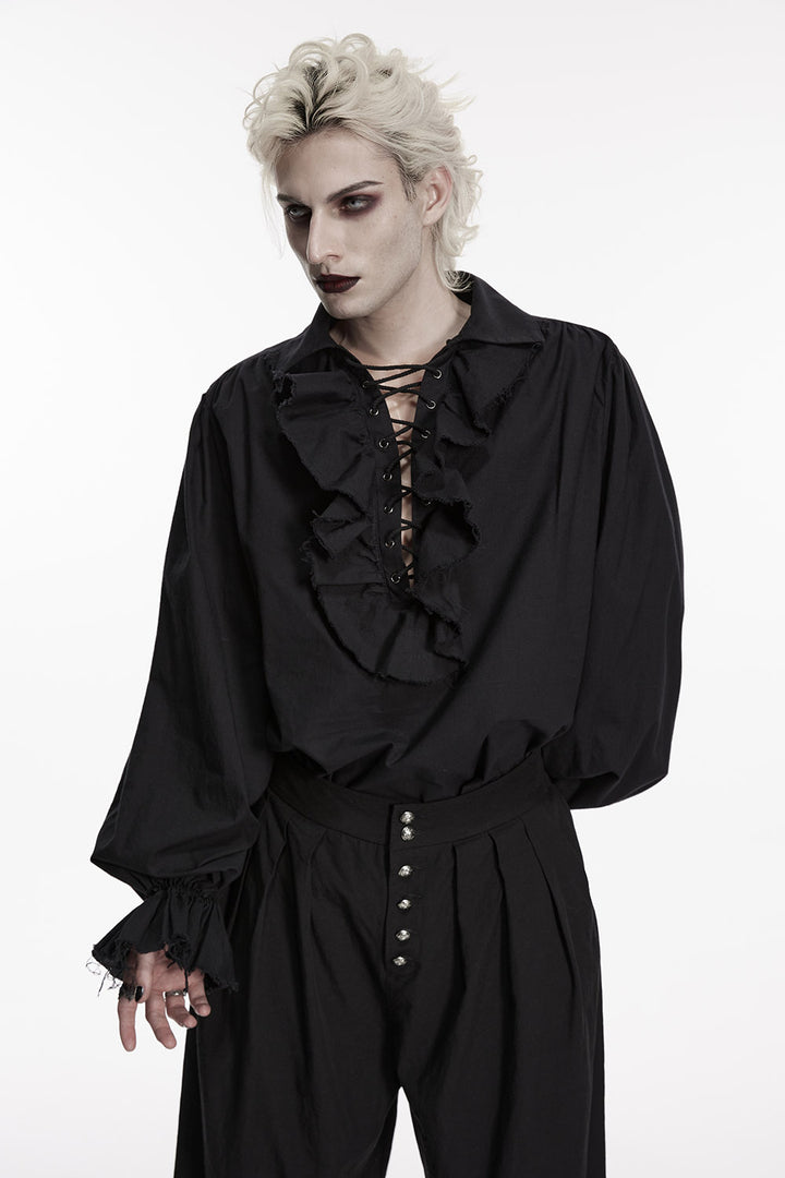 mens lace-up black pirate billowy loose shirt