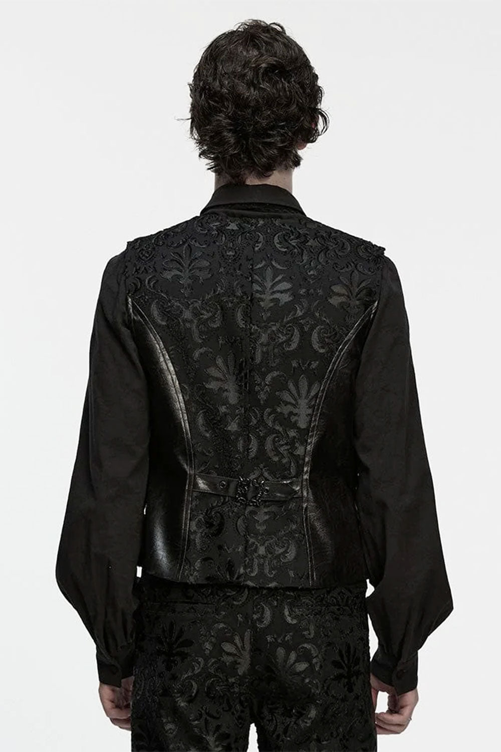 Back of embroidered black steampunk vest for men