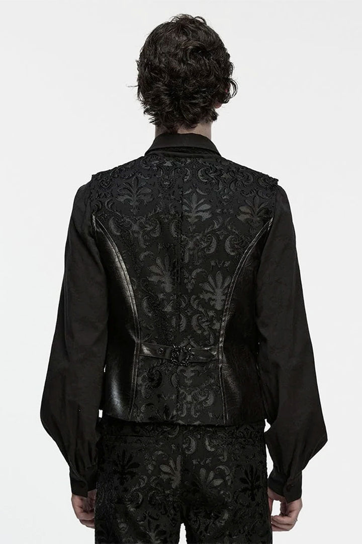 Back of embroidered black steampunk vest for men