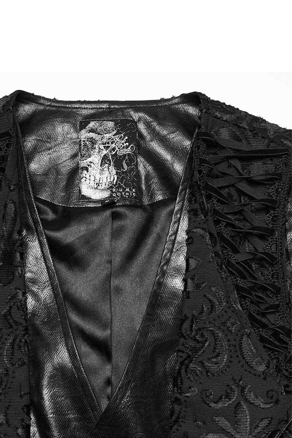 Shoulder detail of mens goth fashion embroidered vest