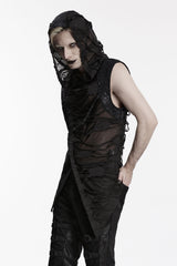 shredded mesh hooded black vest for men