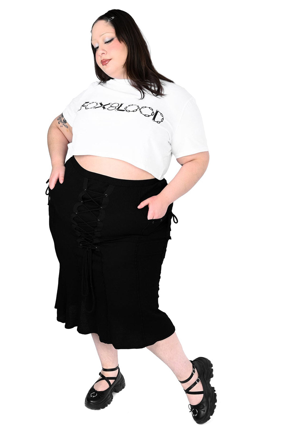 plus size high waisted lace-up midi skirt by foxblood