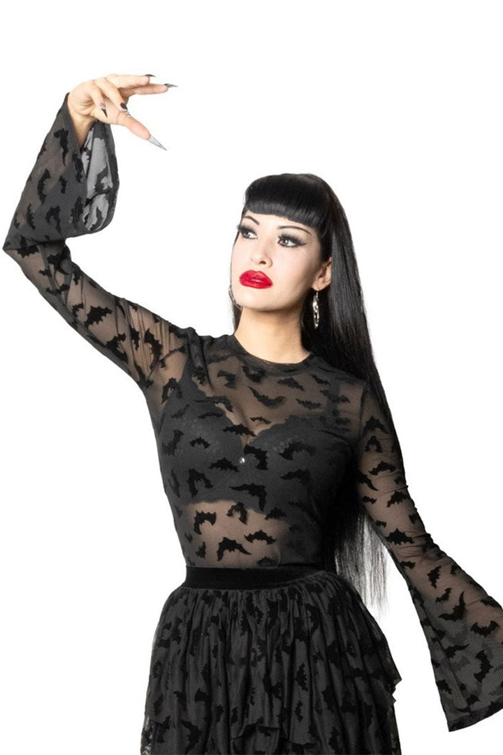black mesh bell sleeve top