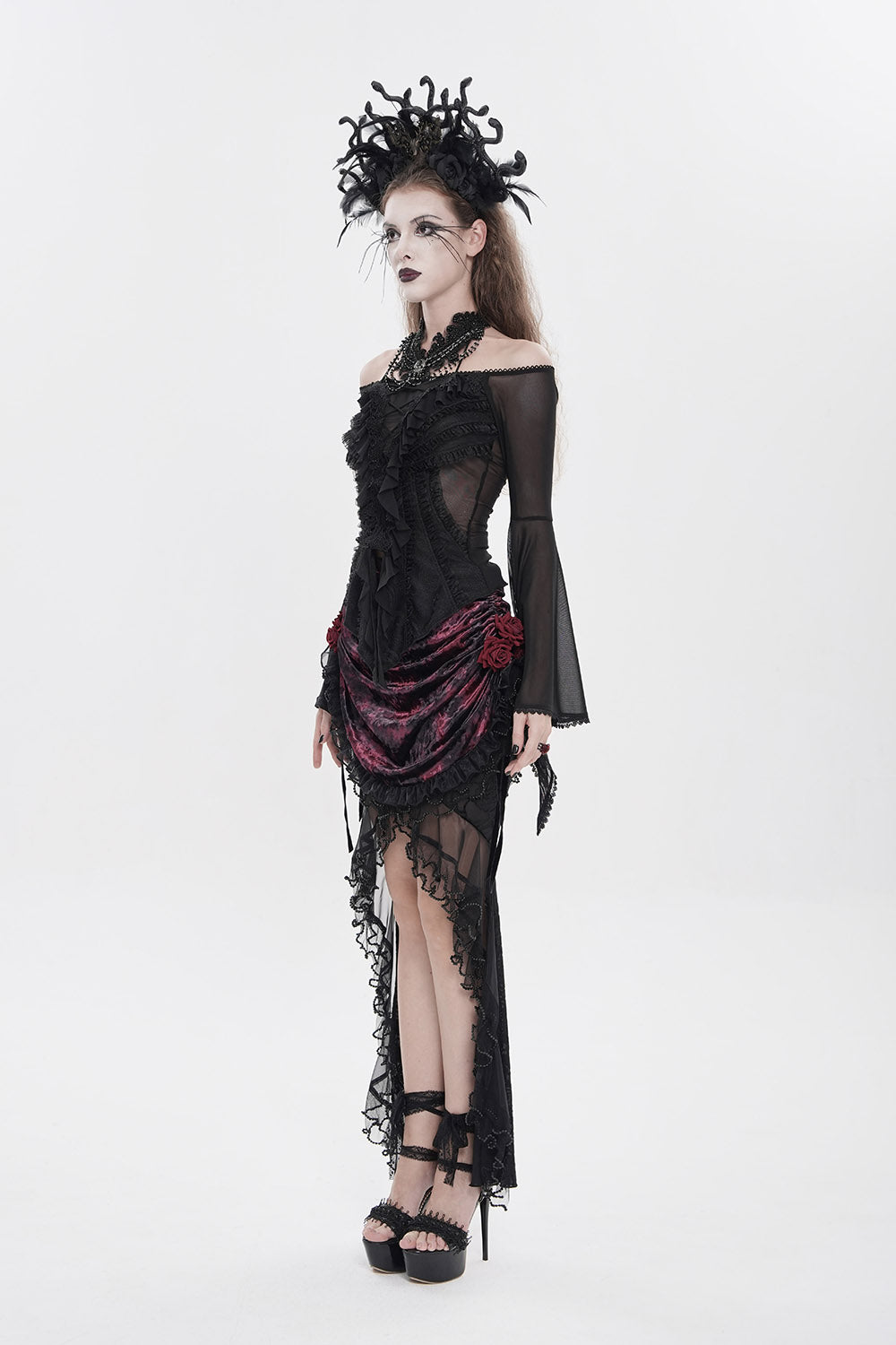 halter neck gothic mesh long sleeve flared top by devil fashion