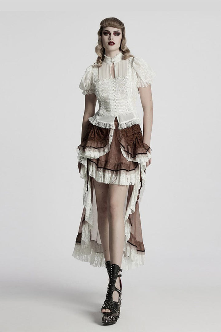 embroidered lace hem white pearl button top