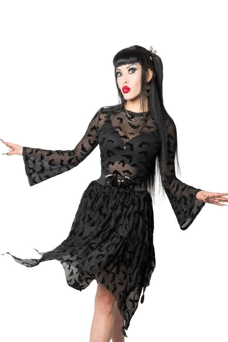 womens gothic bat pattern black mesh bell sleeve top