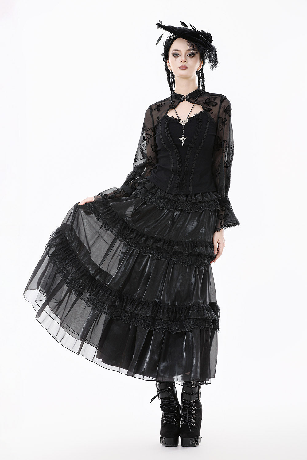 high rise ruffled long skirt