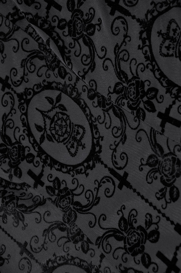 womens long sleeve black ruffle gown with mesh patten fabric