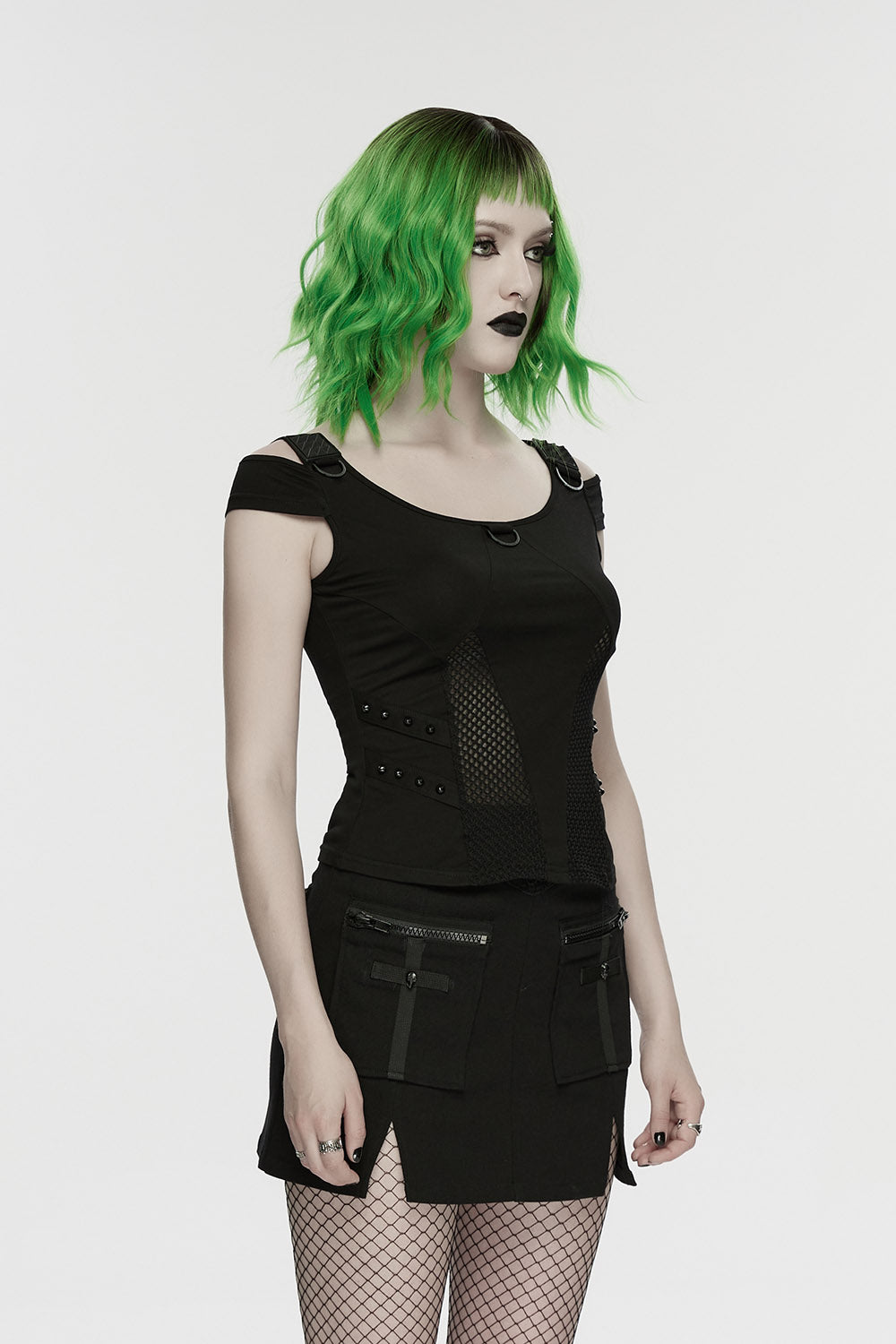 womens cold-shoulder punk studded shirt