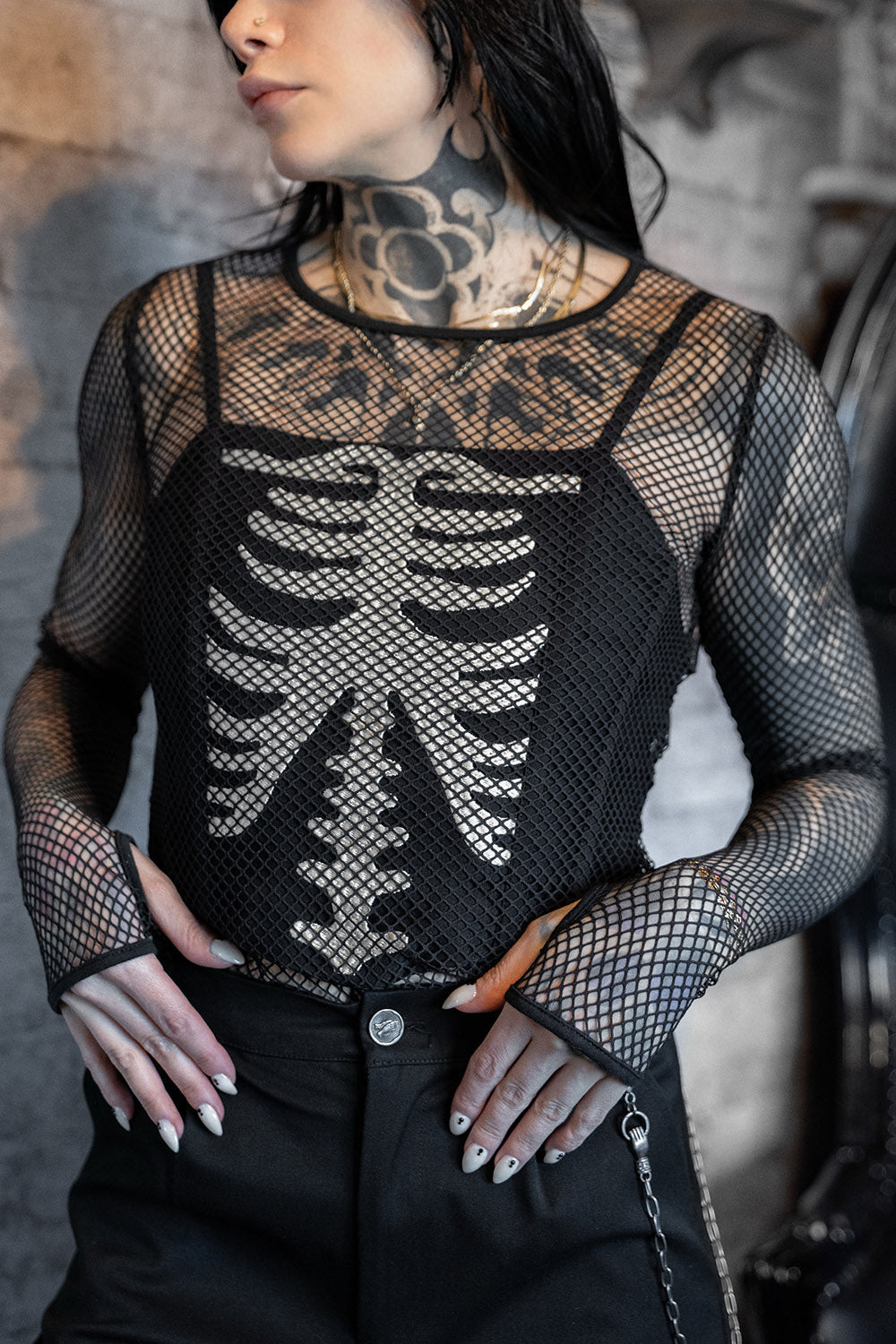 womens black fishnet top with thumbholes 