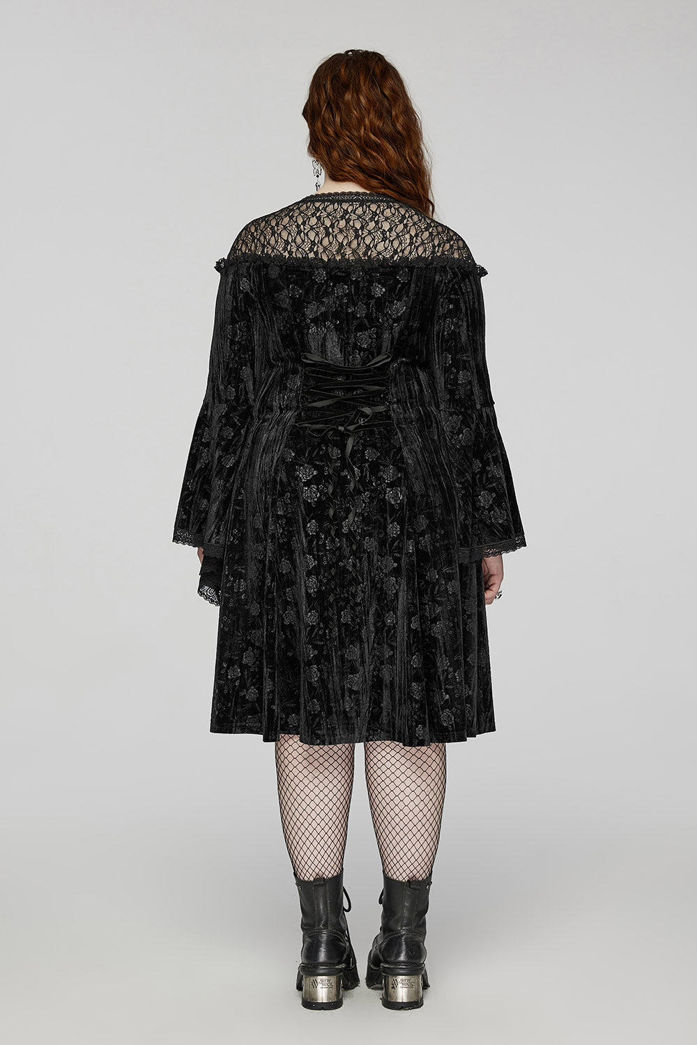 black velvet bell sleeve midi dress