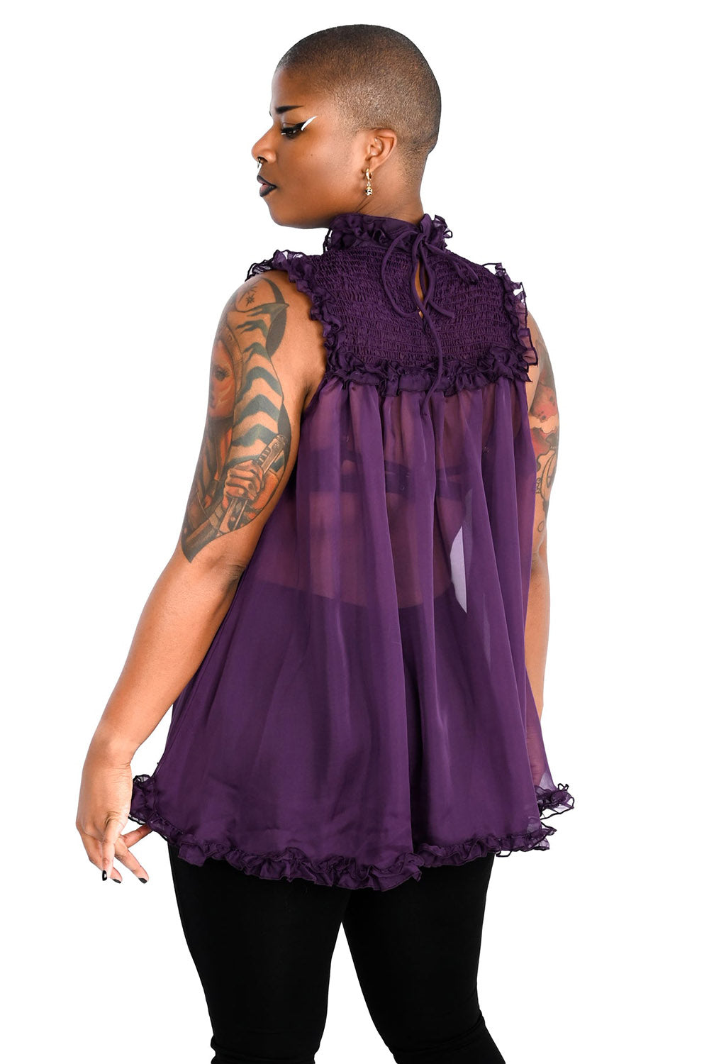 ruffled high collar eggplant color dress