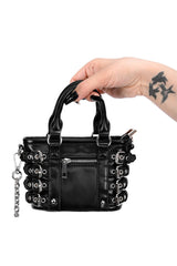 small gothic handbag with buckles, eyelets, zippers and a chain strap 