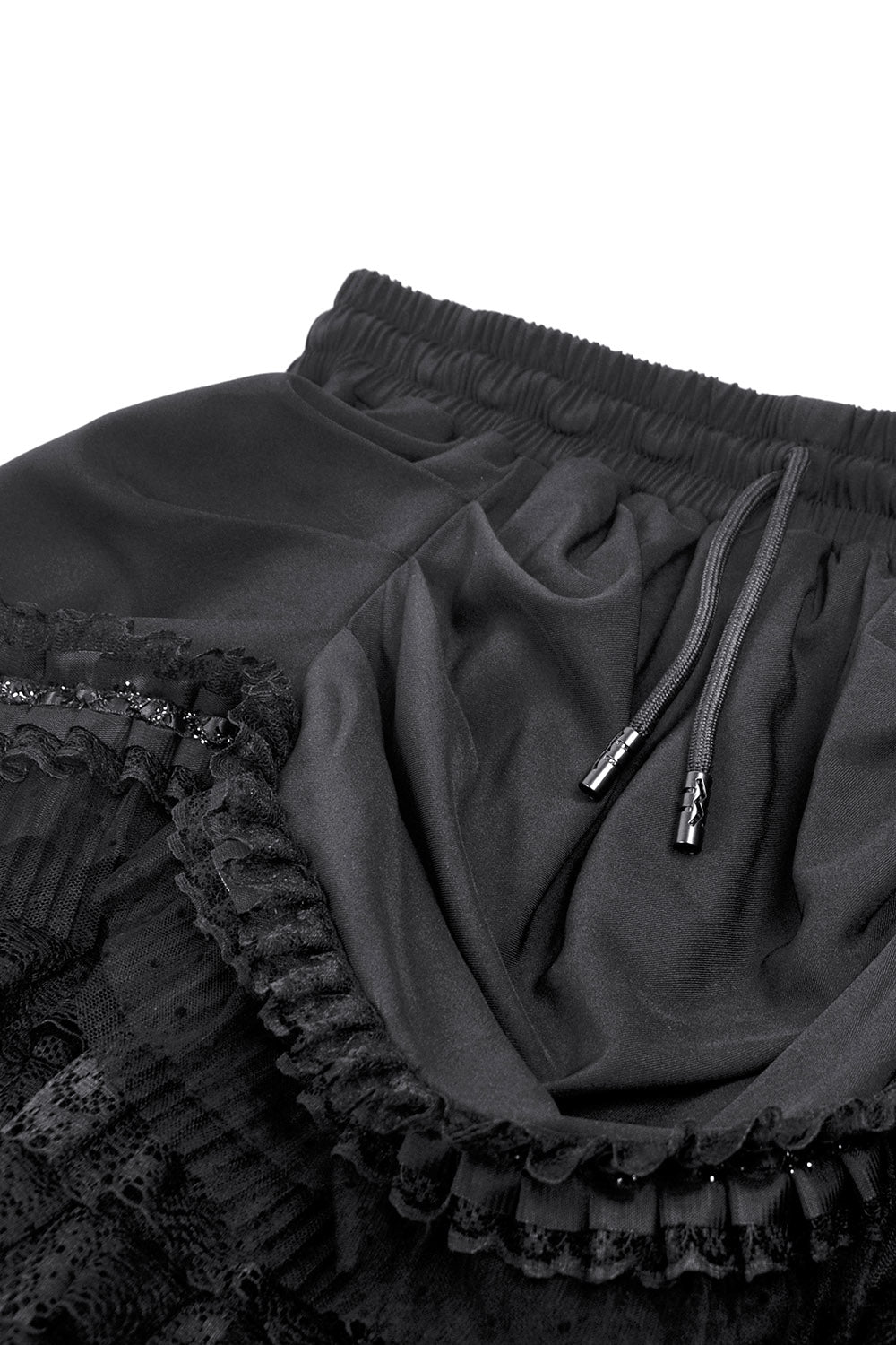 short stretchy layered ruffled skirt with attached train in the back with drawstring waist 