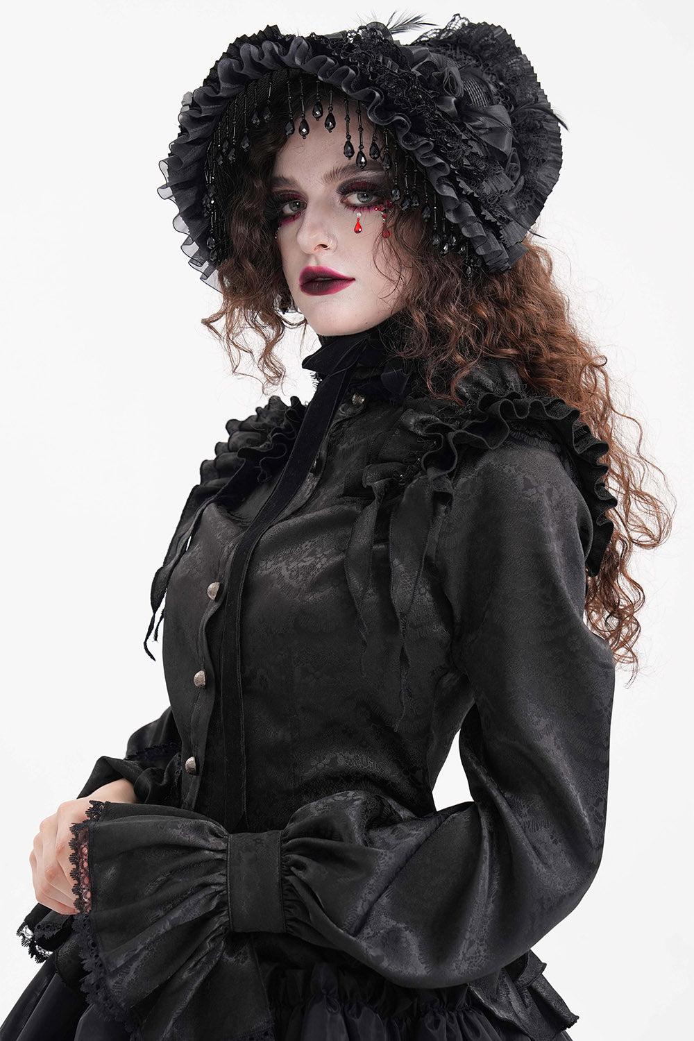 black long sleeve ruffled high collar top