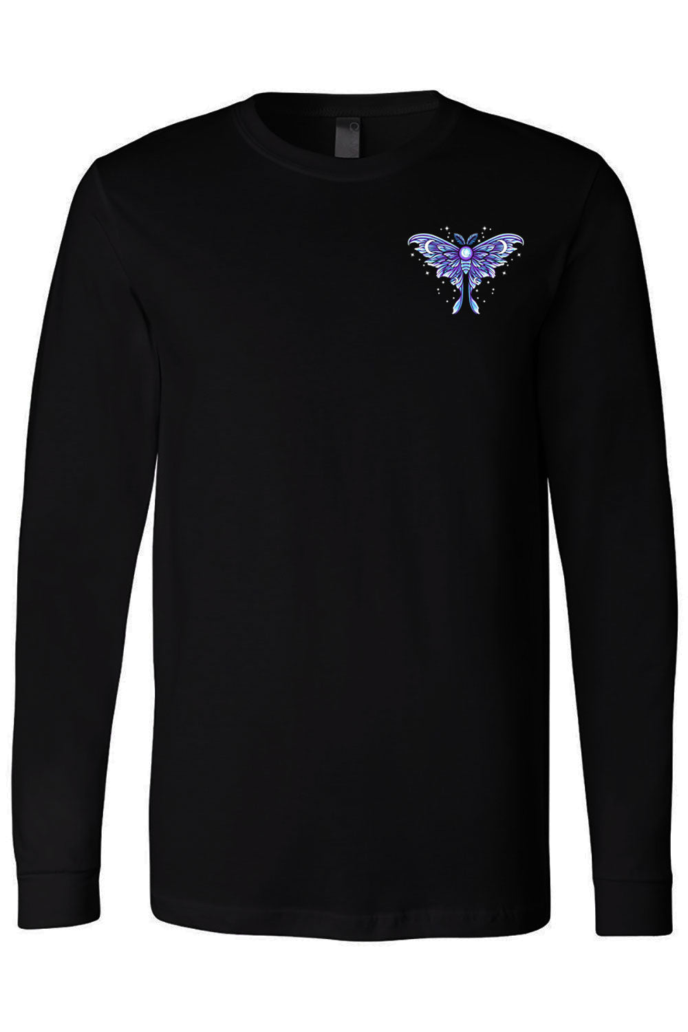 Black long-sleeve shirt with a blue lunar moth design on a white background