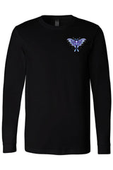Black long-sleeve shirt with a blue lunar moth design on a white background