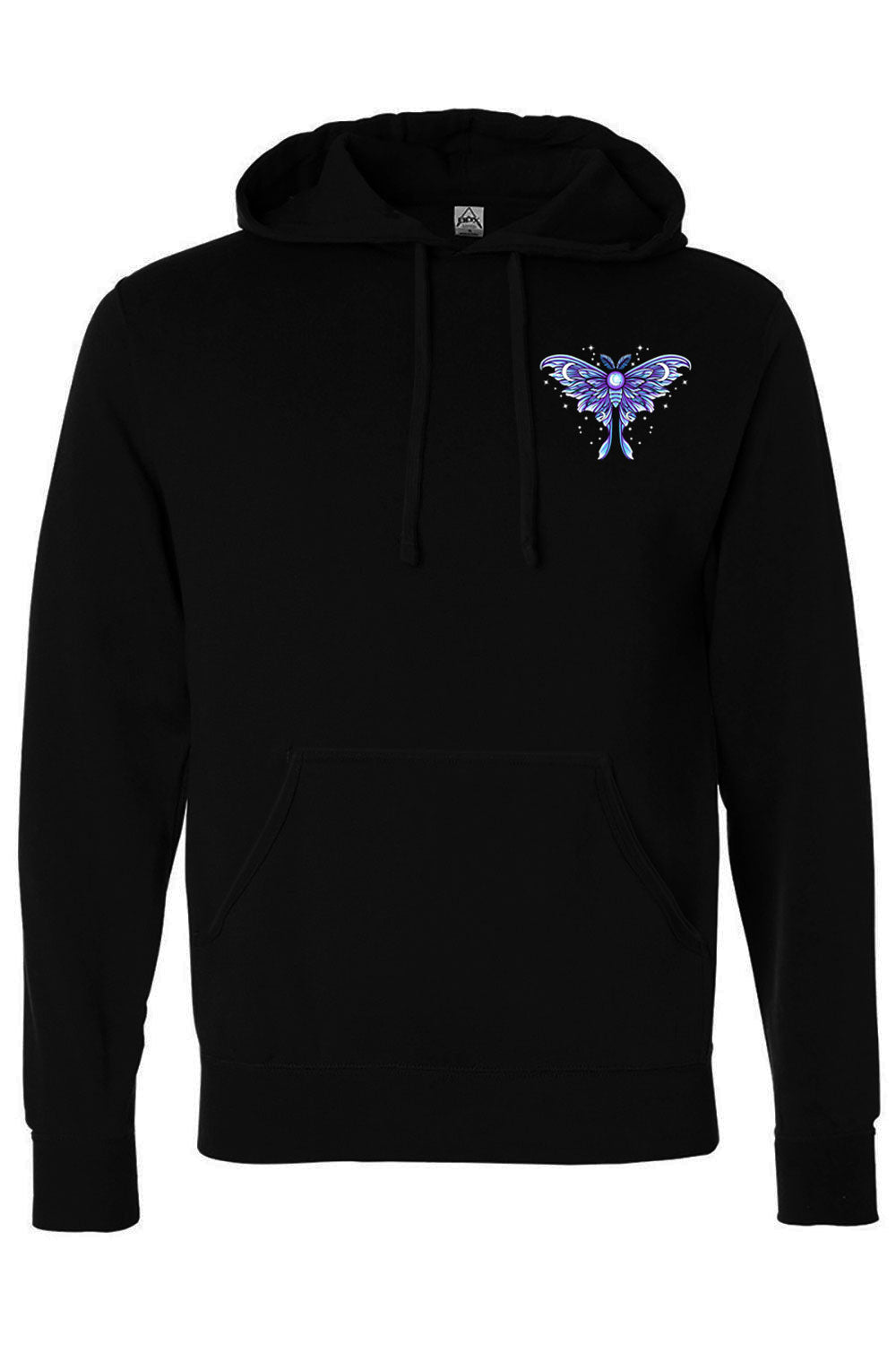 hoodie with moth printed on the front