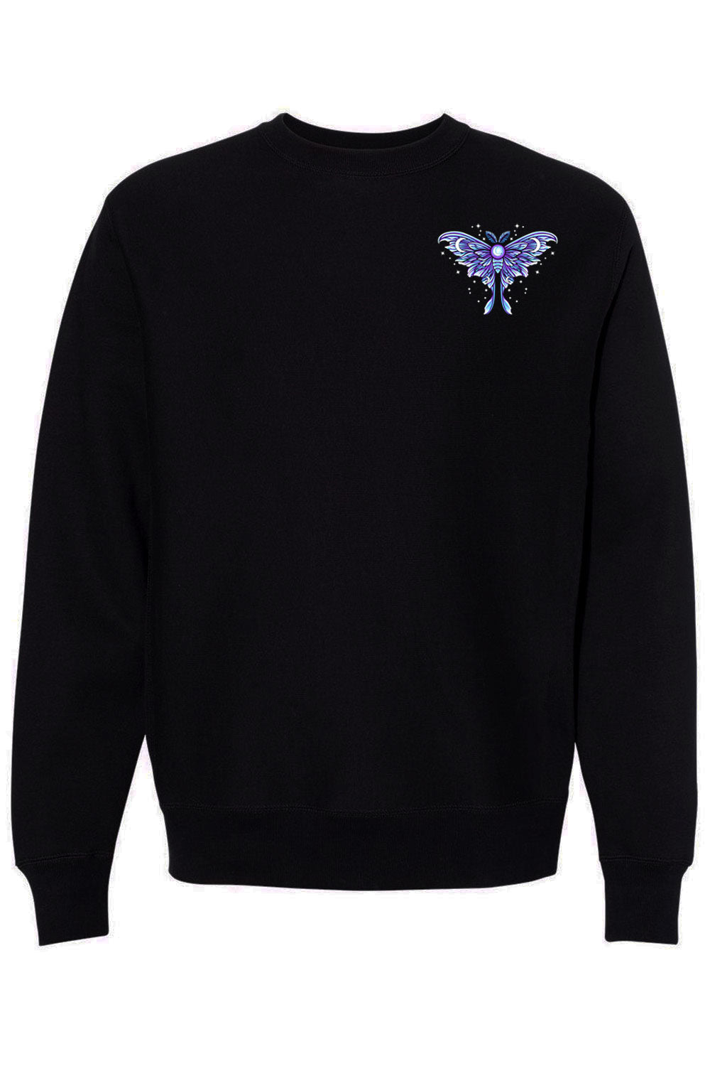 Black sweatshirt with a blue luna moth design on a white background