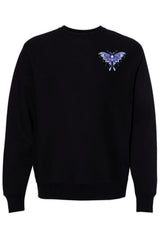 Black sweatshirt with a blue luna moth design on a white background
