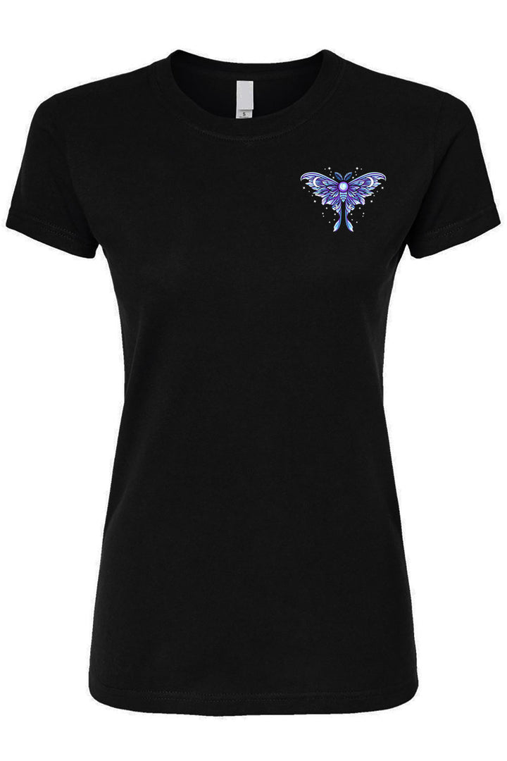 Black t-shirt with a purple and blue moth  on a white background
