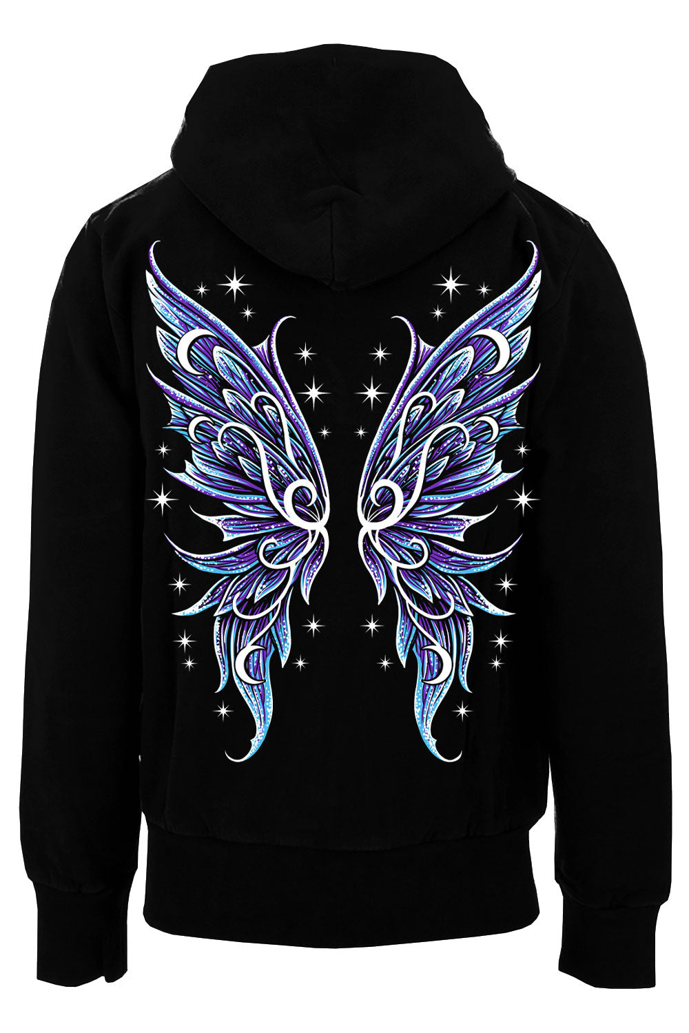 Black hoodie with blue and purple fairy wings design on the back against a white background