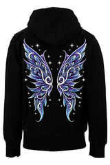 Black hoodie with blue and purple fairy wings design on the back against a white background