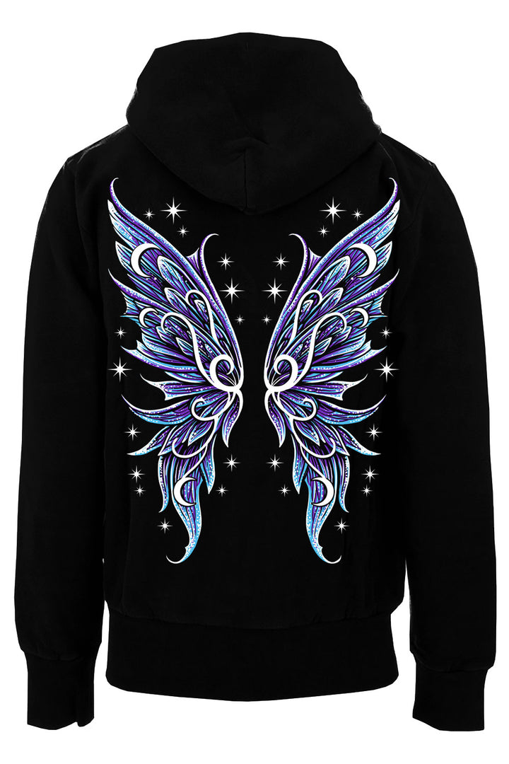 Black hoodie with blue and purple fairy wings design on the back against a white background