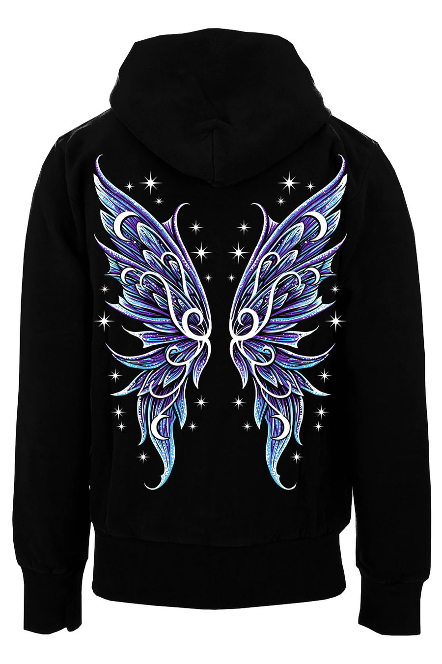 Black hoodie with blue and purple fairy wings design on the back against a white background