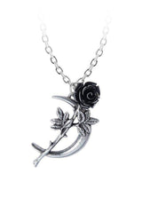 Necklace with black rose and silver crescent moon design on a white background