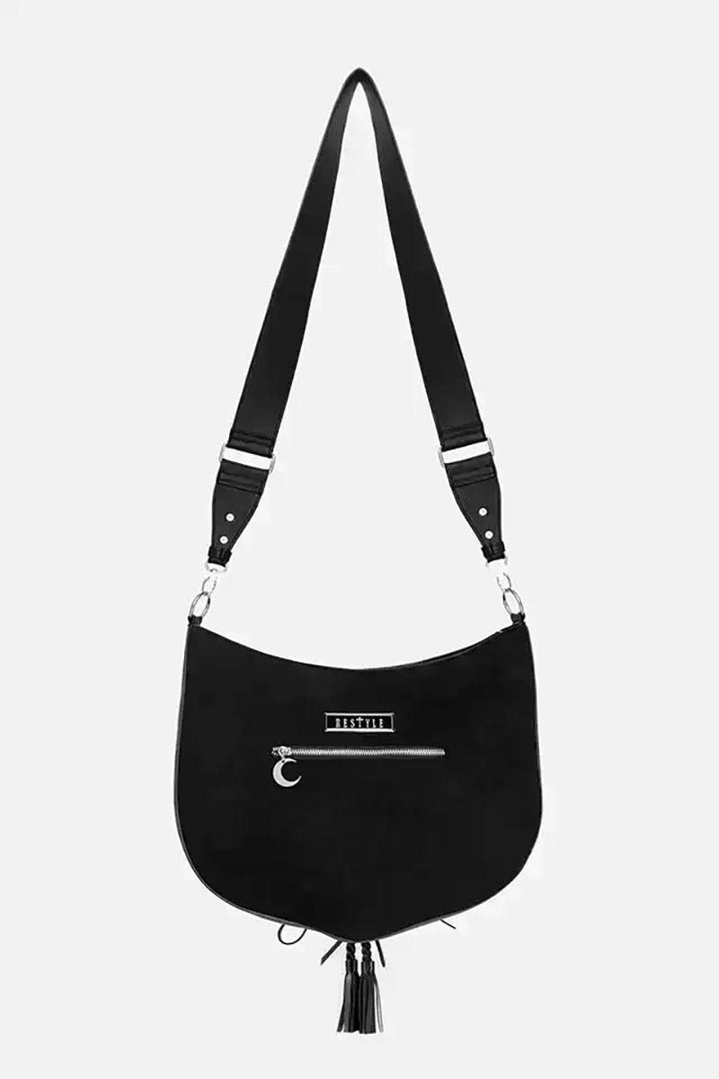 embroidered moth and crescent moon lace-up bag