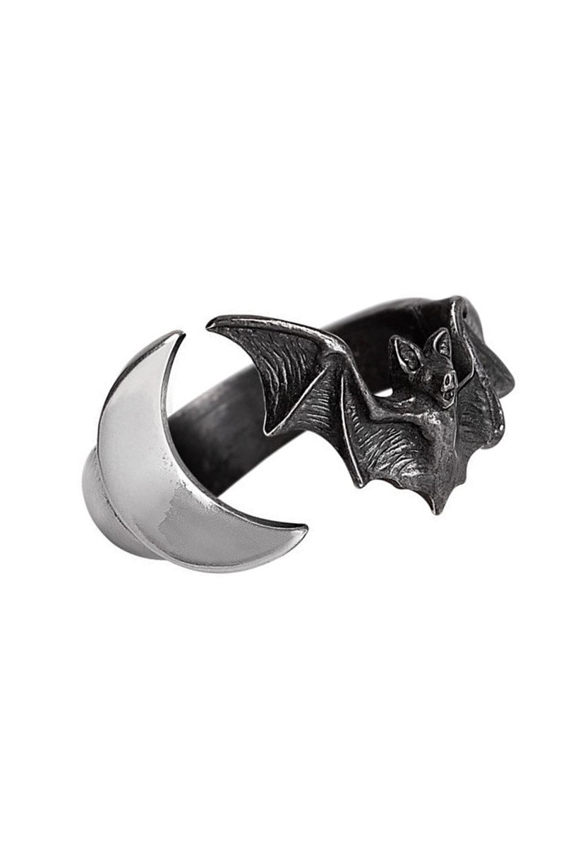 silver crescent moon and bat ring