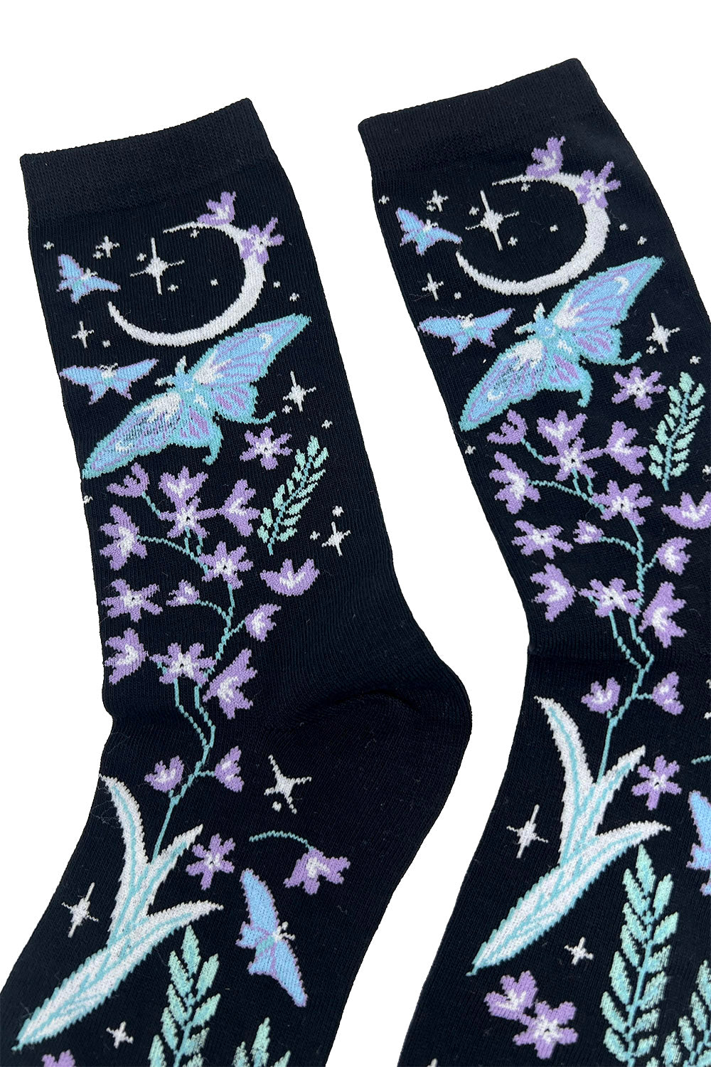 moon pattern floral blue and purple socks