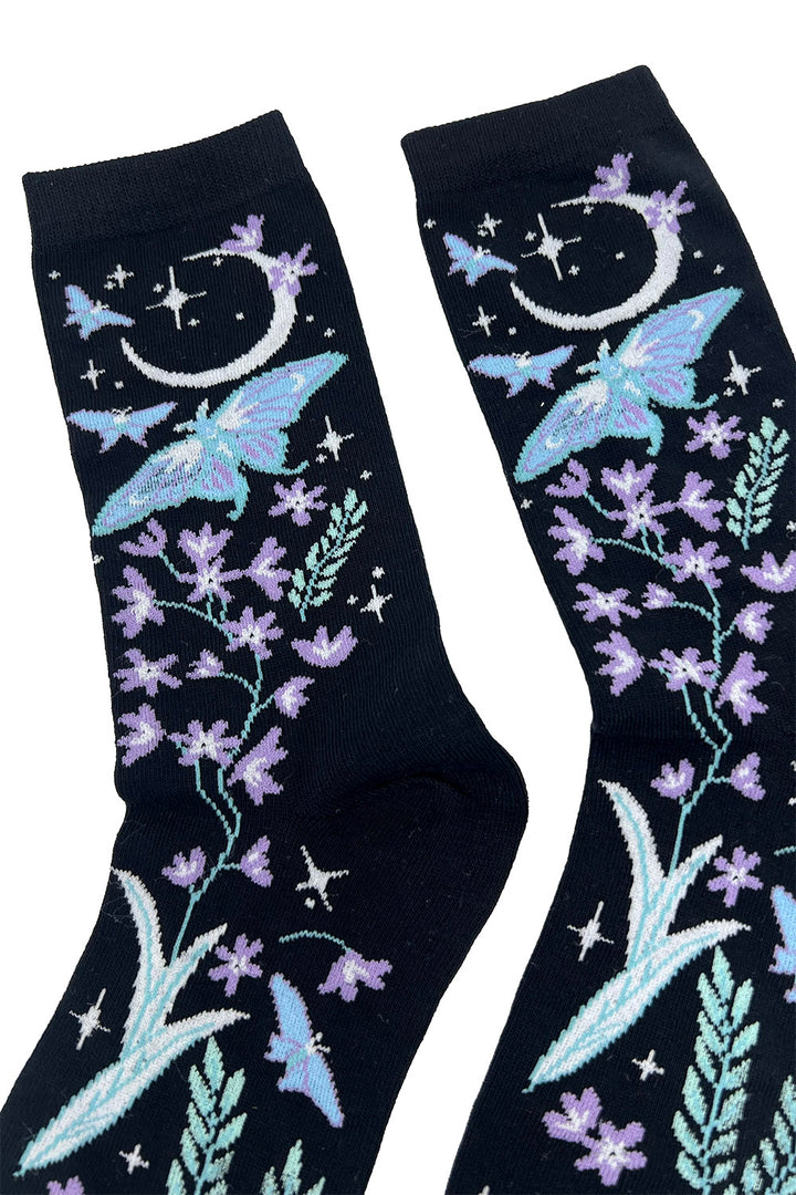 moon pattern floral blue and purple socks