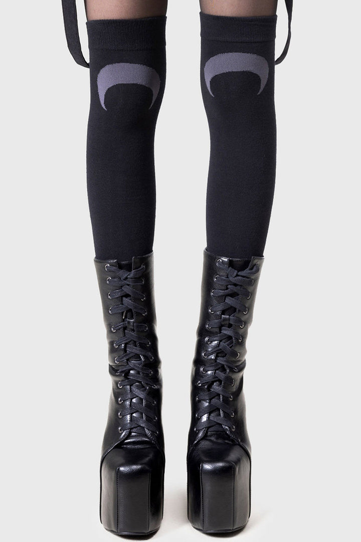 black over the knee crescent moon socks by killstar