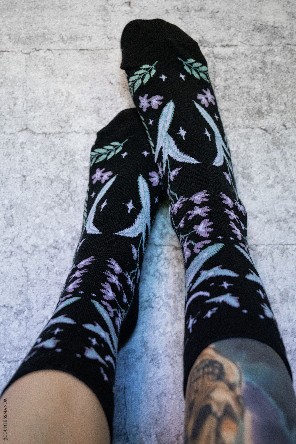 lavender flowers and blue moth socks