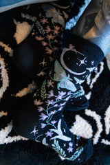 purple flower and blue moth socks