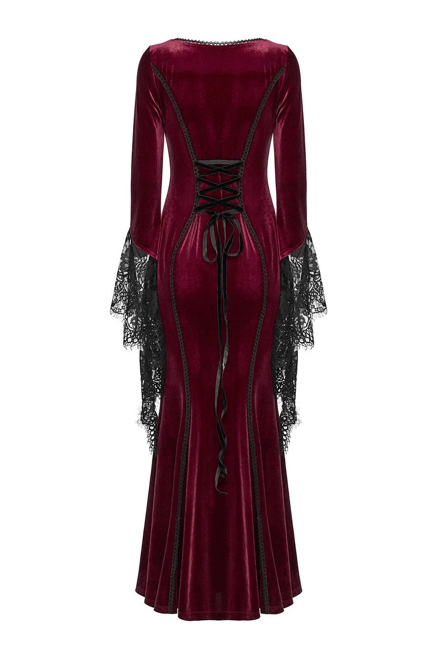 vampire red velvet long maxi dress with flared lace sleeves 