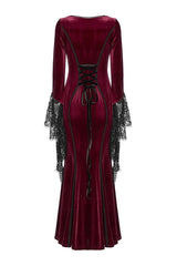 vampire red velvet long maxi dress with flared lace sleeves 