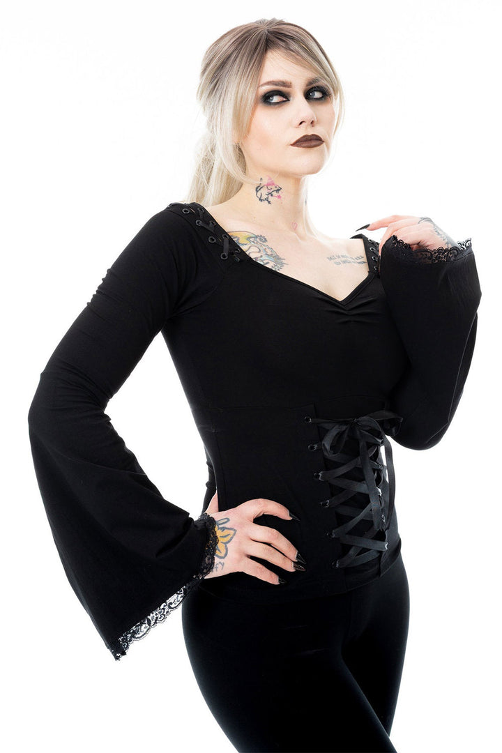 vampire goth flared witchy black cotton long sleeve top