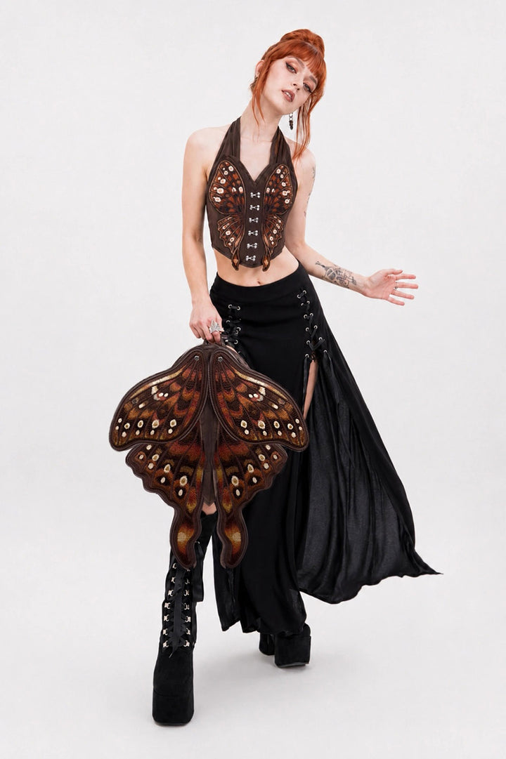 restyle brown embroidered moth wings backpack
