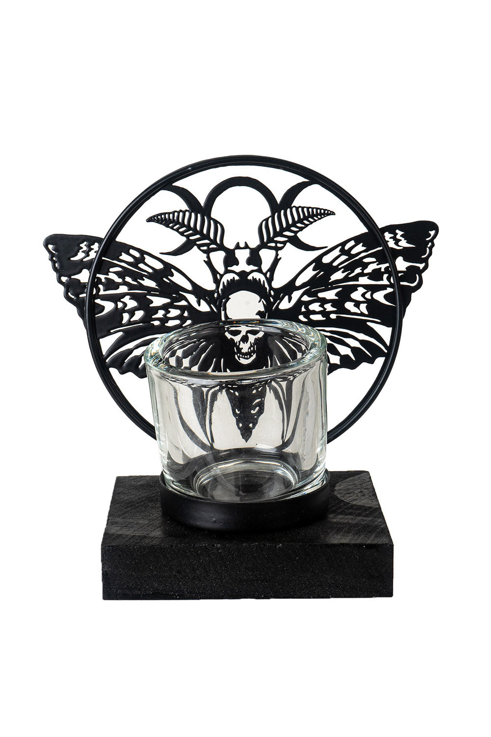 tea light candle holder with moth sculpture on the front made of metal