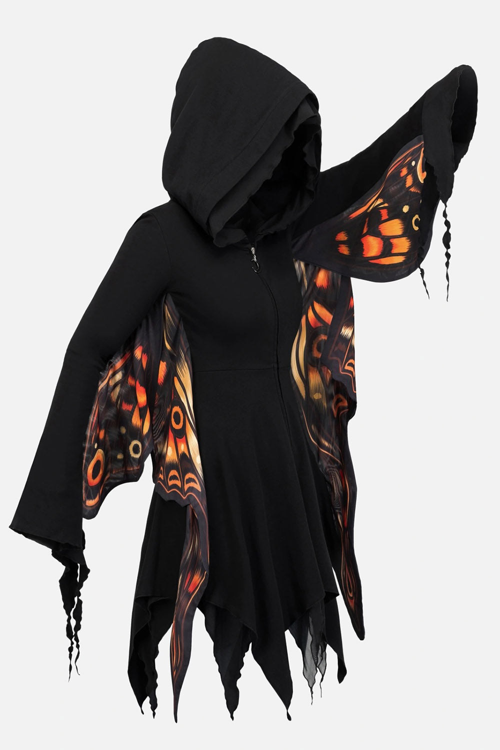 Black hooded garment with butterfly wings on a white background