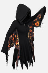 Black hooded garment with butterfly wings on a white background