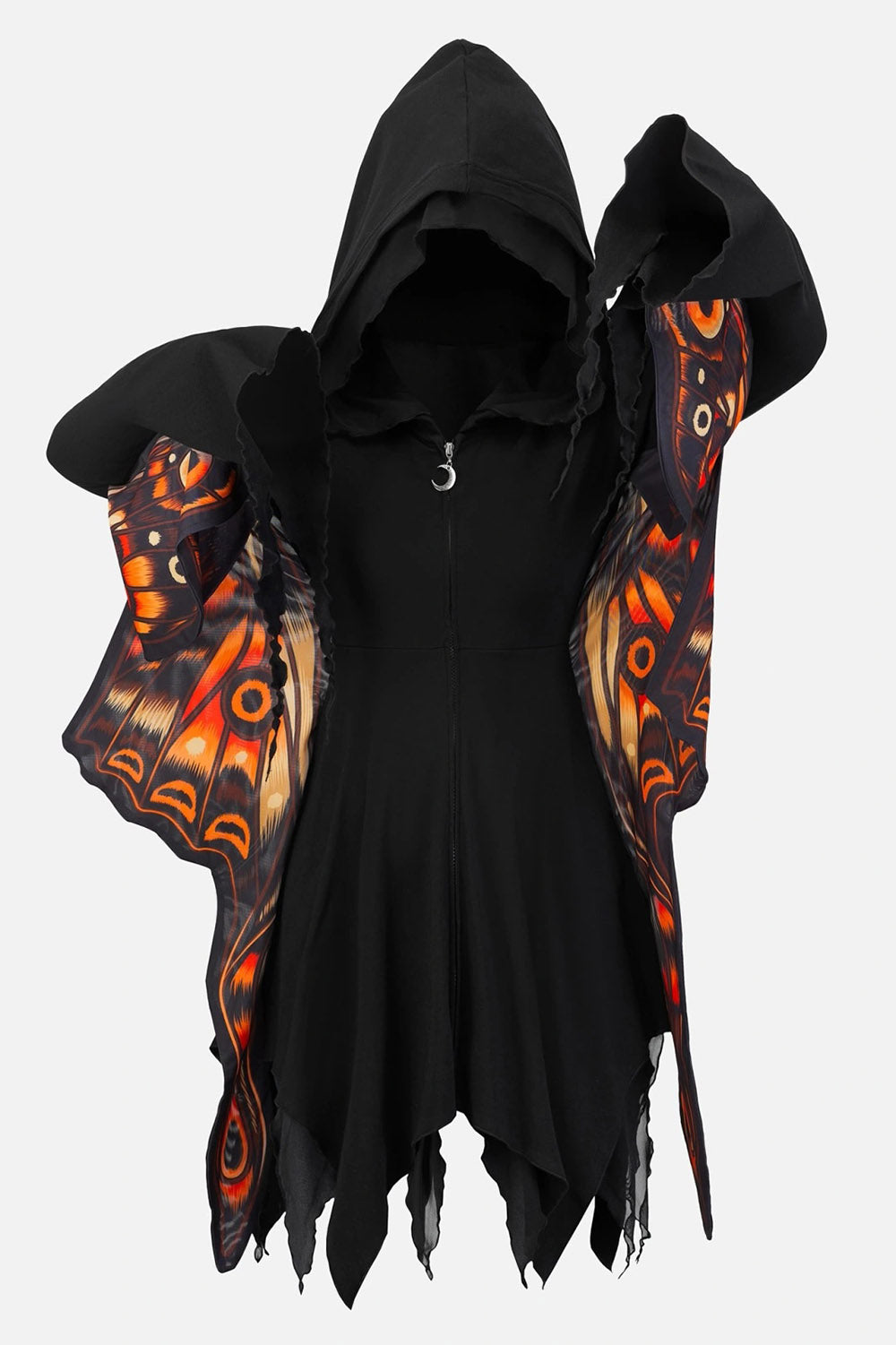 Black hooded garment with butterfly wings on a white background