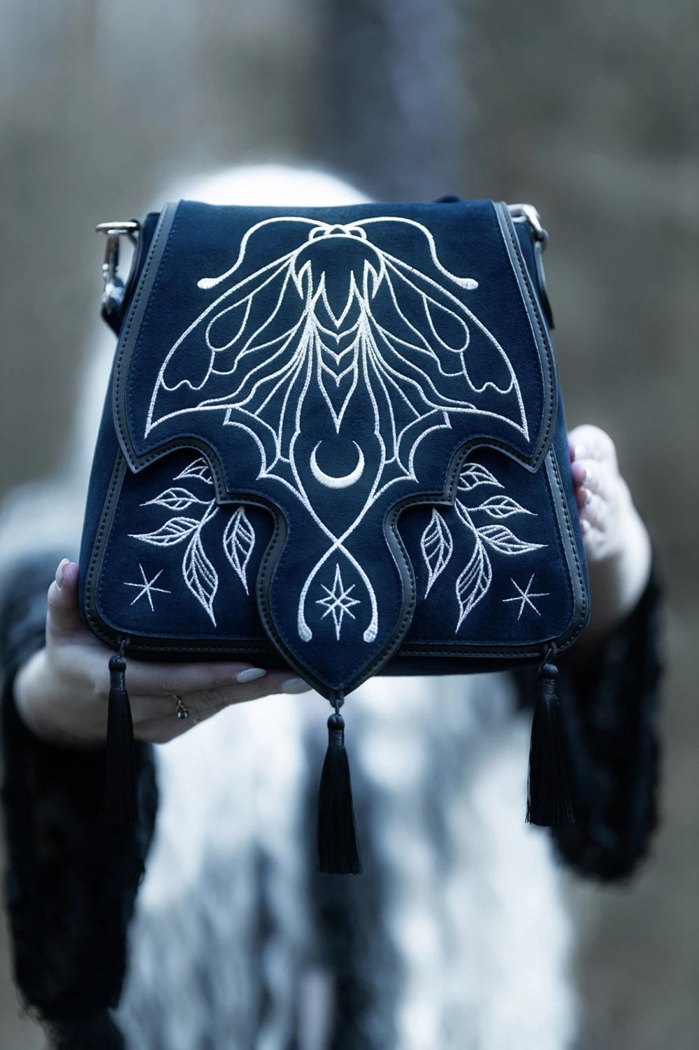dark fantasy fairytale  luna moth purse with embroidered star shoulder strap