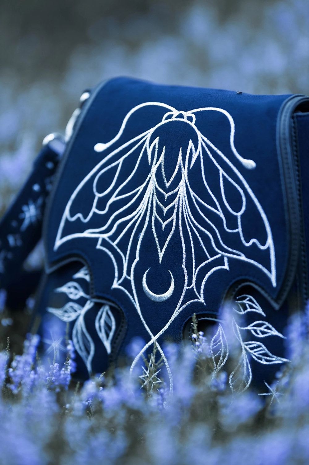 dark cottagecore luna moth purse with embroidered star shoulder strap