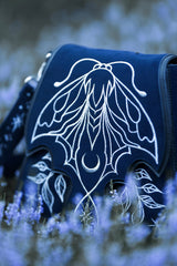 dark cottagecore luna moth purse with embroidered star shoulder strap